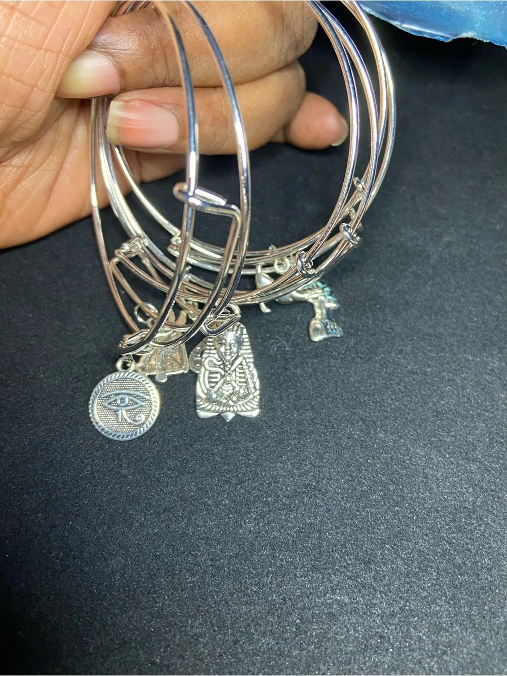 Silver Egyptian Charm Bangle Bracelet - Silver Set